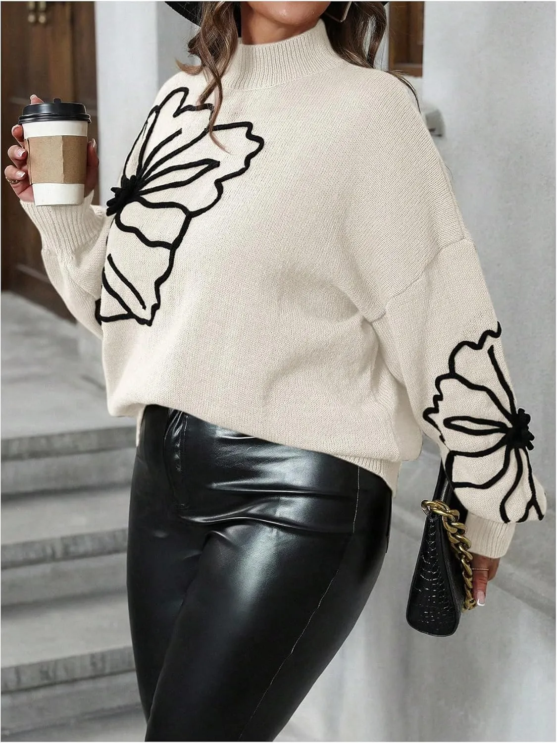 MakeMeChic Women's Plus Size Oversized Sweater Floral Pattern Long Sleeve Turtleneck Knitted Fall Sweaters