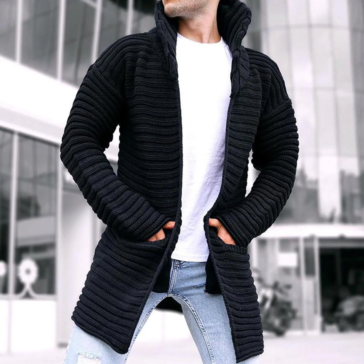 Male Autumn And Winter Solid Color Cardigan Sweater Jacket Casual Long Sleeve Pocket Knit Cardigan Winter Long