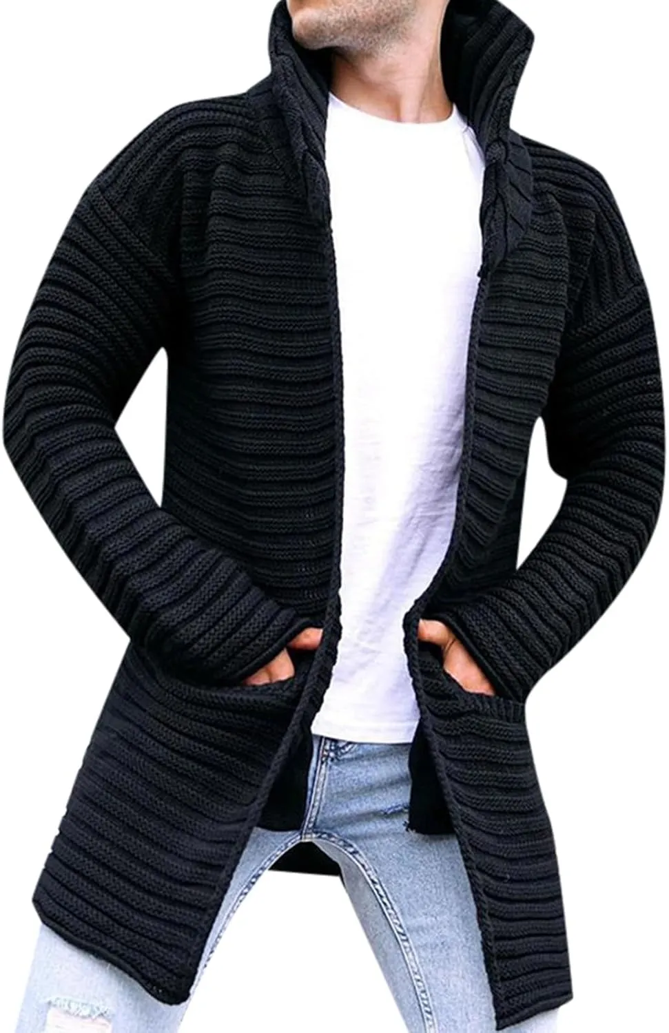 Male Autumn And Winter Solid Color Cardigan Sweater Jacket Casual Long Sleeve Pocket Knit Cardigan Winter Long