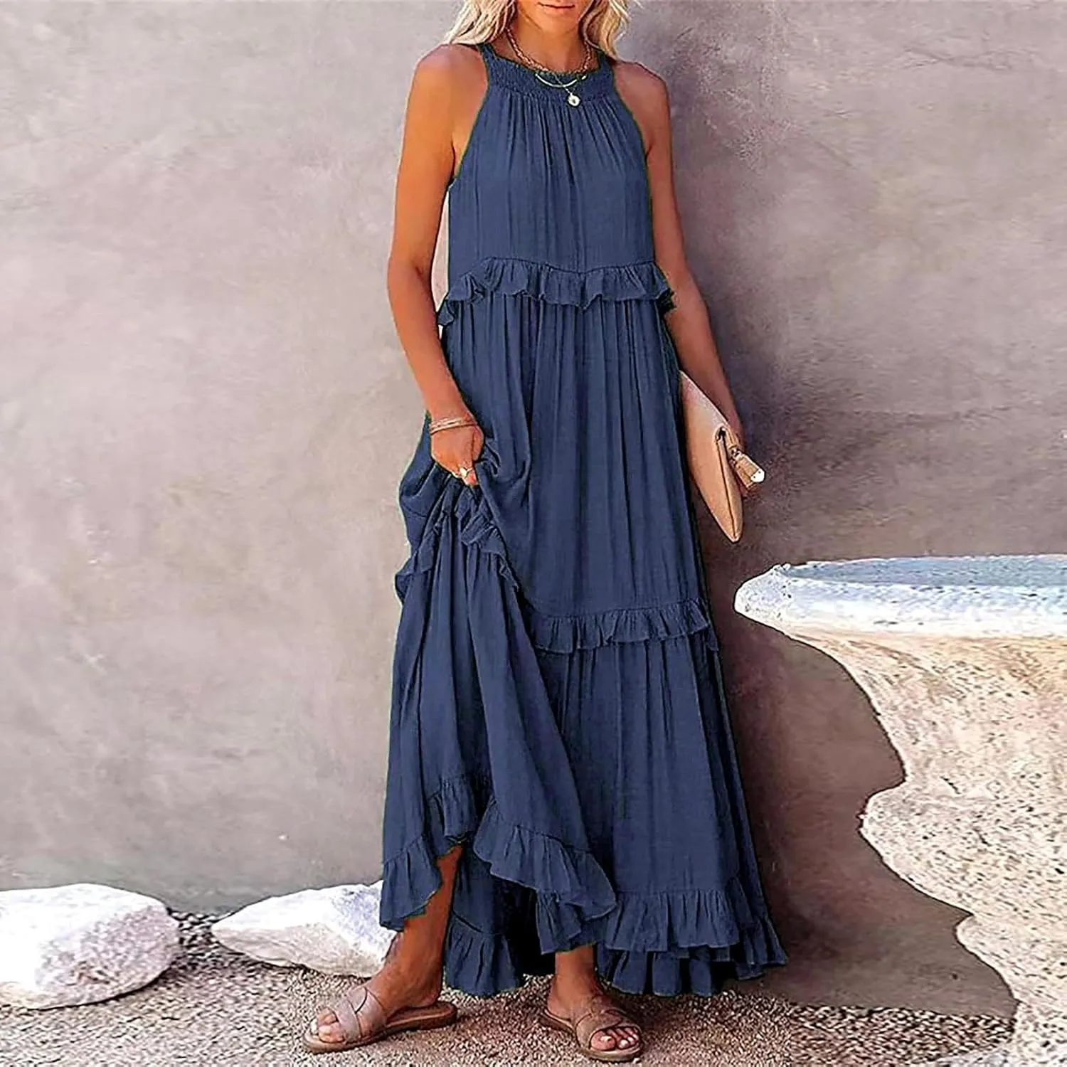 Maxi Dresses for Women 2025 Halter Flowy Ruffle Tiered Long Dress Casual Summer A Line Swing Beach Sundress