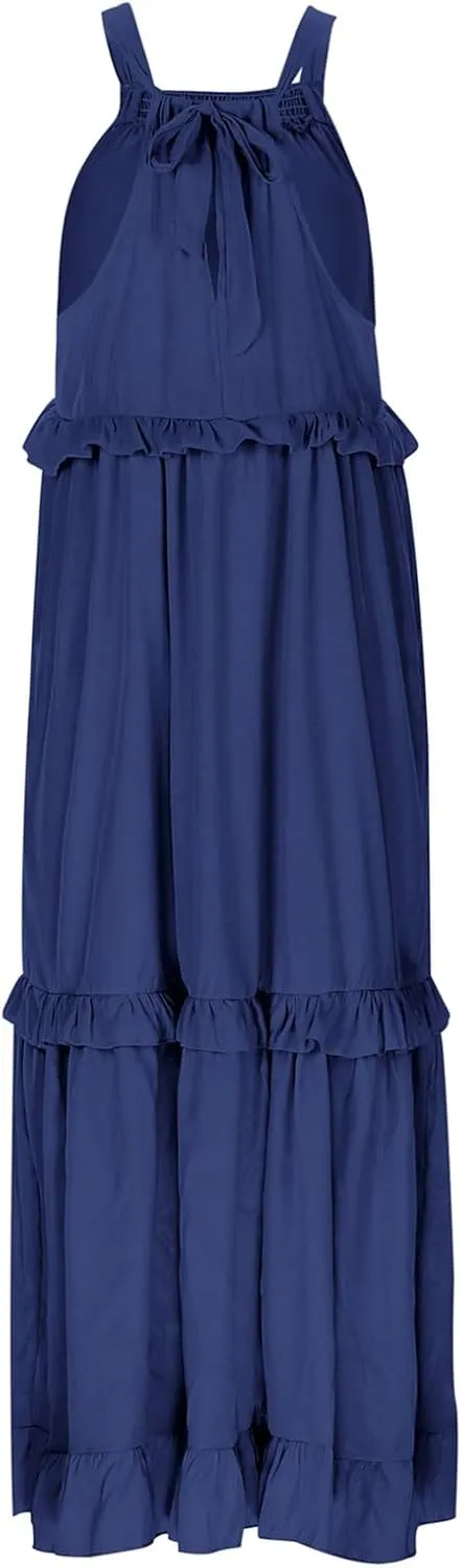 Maxi Dresses for Women 2025 Halter Flowy Ruffle Tiered Long Dress Casual Summer A Line Swing Beach Sundress