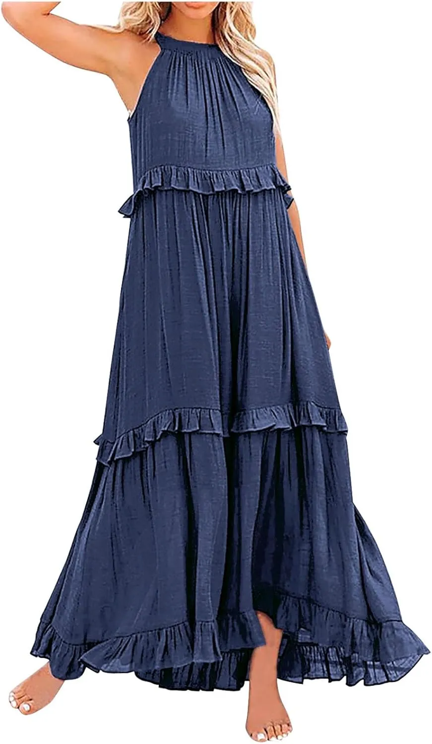 Maxi Dresses for Women 2025 Halter Flowy Ruffle Tiered Long Dress Casual Summer A Line Swing Beach Sundress