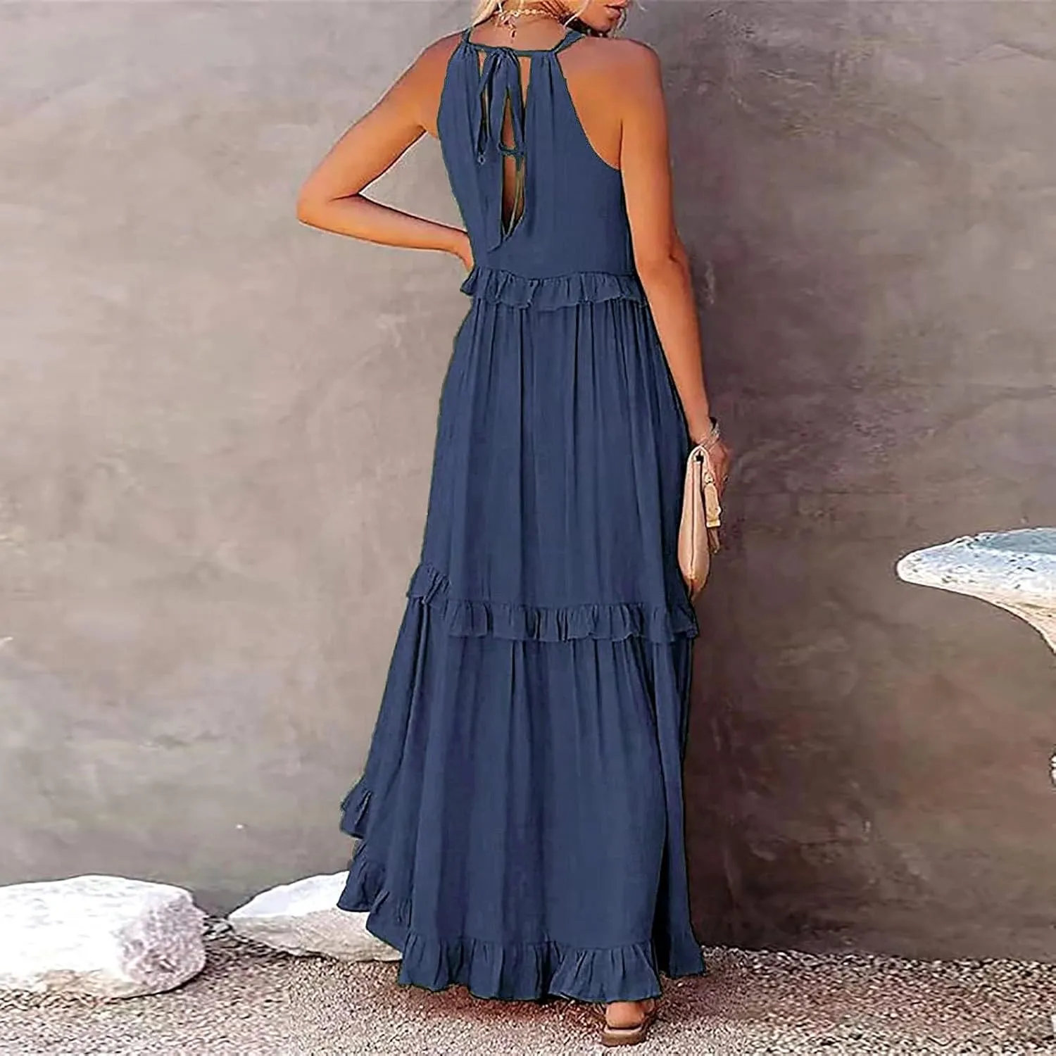 Maxi Dresses for Women 2025 Halter Flowy Ruffle Tiered Long Dress Casual Summer A Line Swing Beach Sundress