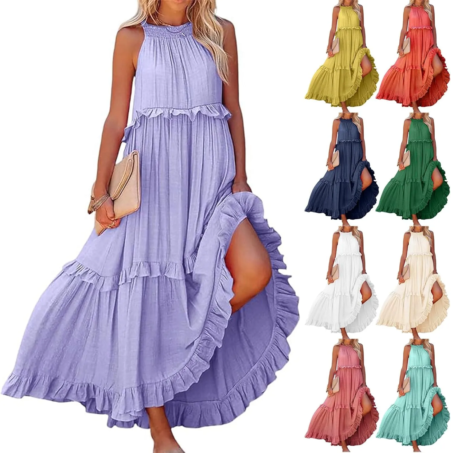 Maxi Dresses for Women 2025 Halter Flowy Ruffle Tiered Long Dress Casual Summer A Line Swing Beach Sundress