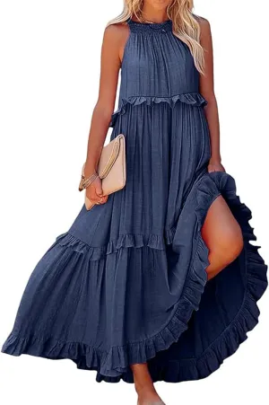 Maxi Dresses for Women 2025 Halter Flowy Ruffle Tiered Long Dress Casual Summer A Line Swing Beach Sundress