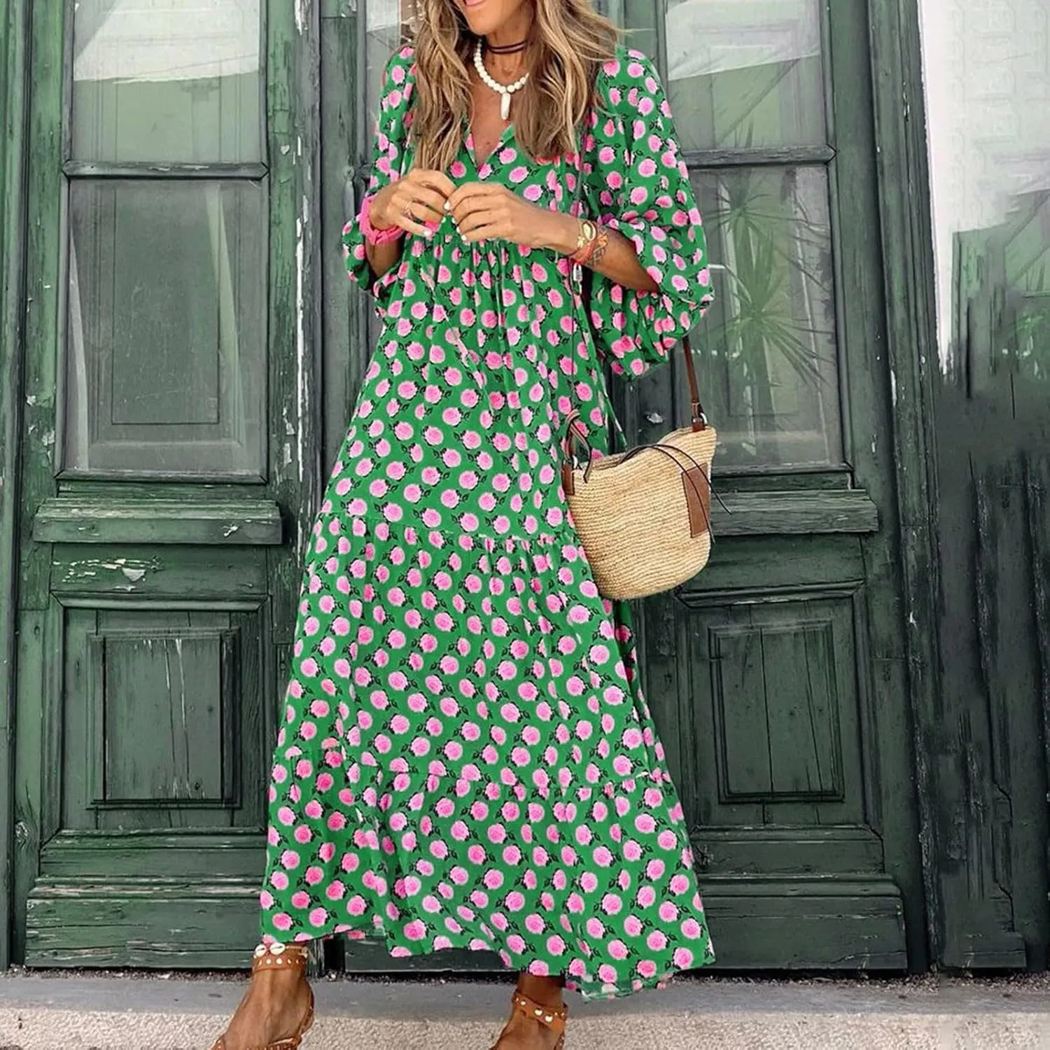 Maxi Dresses for Women 2025 Summer Casual Loose Fit Long Bohemian Dress Geometric Half Sleeve Tiered Flowy Maxi Dresses