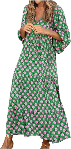 Maxi Dresses for Women 2025 Summer Casual Loose Fit Long Bohemian Dress Geometric Half Sleeve Tiered Flowy Maxi Dresses