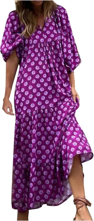 Maxi Dresses for Women 2025 Summer Casual Loose Fit Long Bohemian Dress Geometric Half Sleeve Tiered Flowy Maxi Dresses