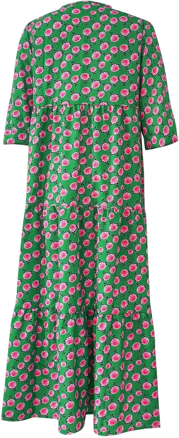 Maxi Dresses for Women 2025 Summer Casual Loose Fit Long Bohemian Dress Geometric Half Sleeve Tiered Flowy Maxi Dresses