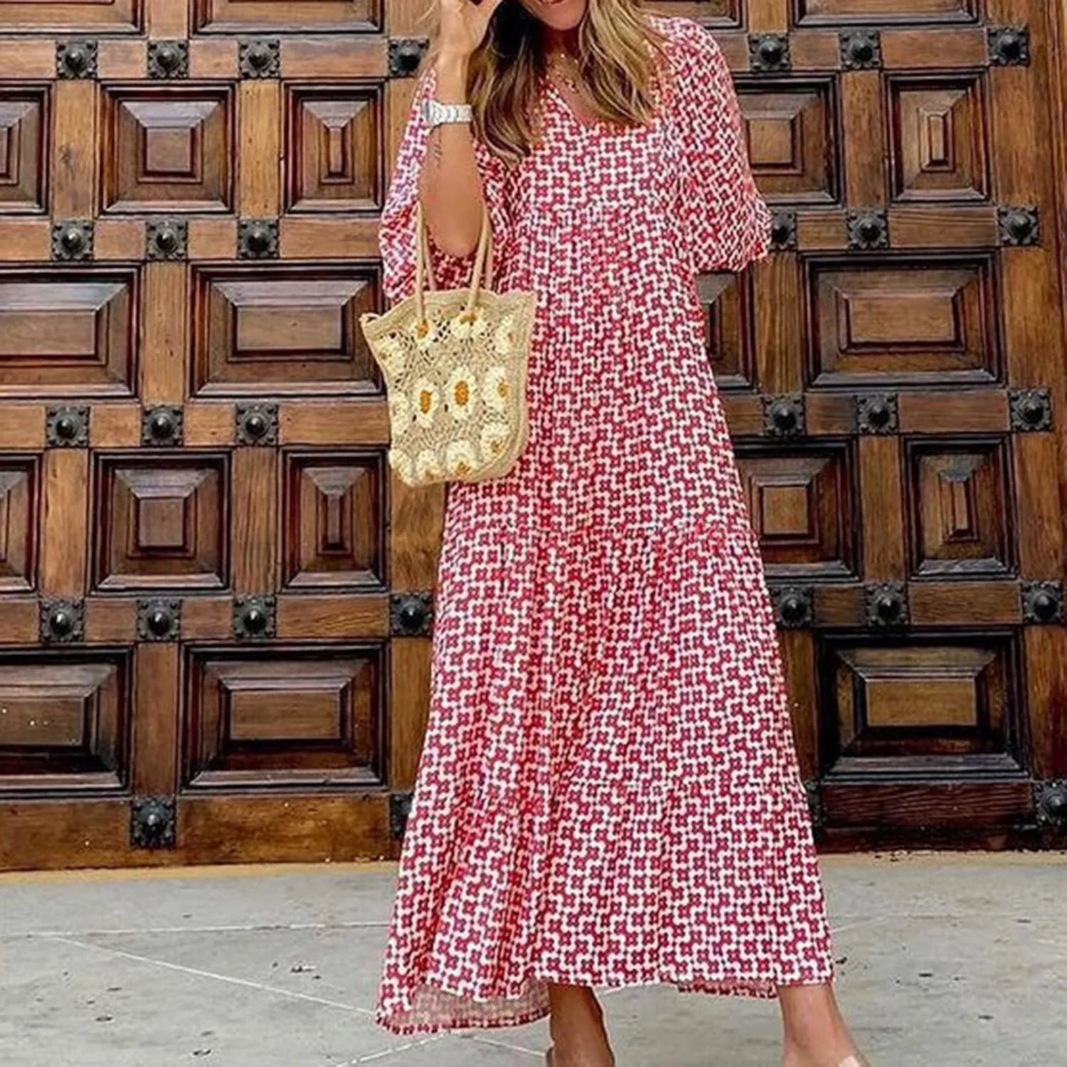 Maxi Dresses for Women 2025 Summer Casual Loose Fit Long Bohemian Dress Geometric Half Sleeve Tiered Flowy Maxi Dresses