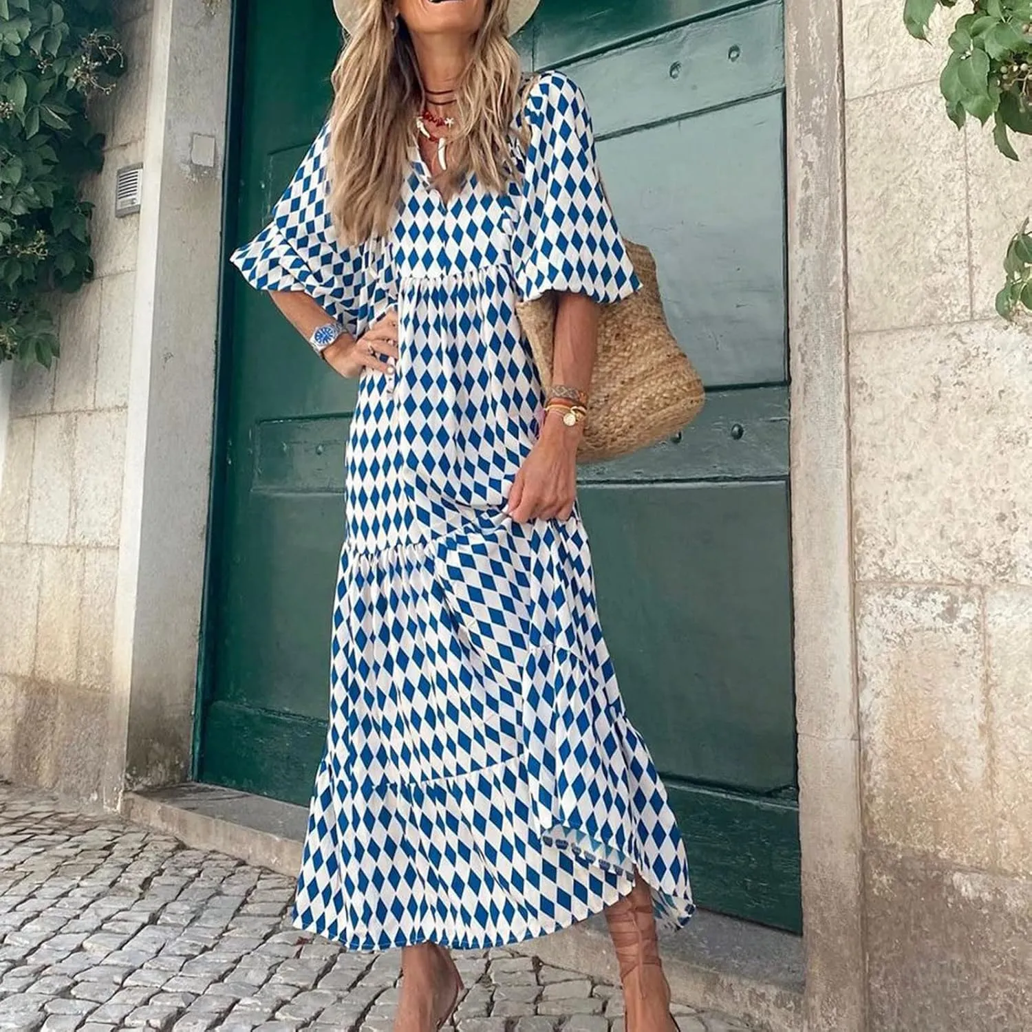 Maxi Dresses for Women 2025 Summer Casual Loose Fit Long Bohemian Dress Geometric Half Sleeve Tiered Flowy Maxi Dresses