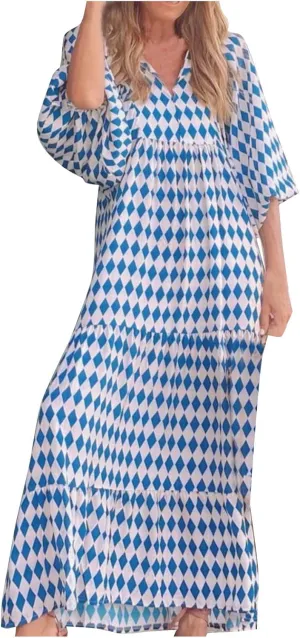 Maxi Dresses for Women 2025 Summer Casual Loose Fit Long Bohemian Dress Geometric Half Sleeve Tiered Flowy Maxi Dresses