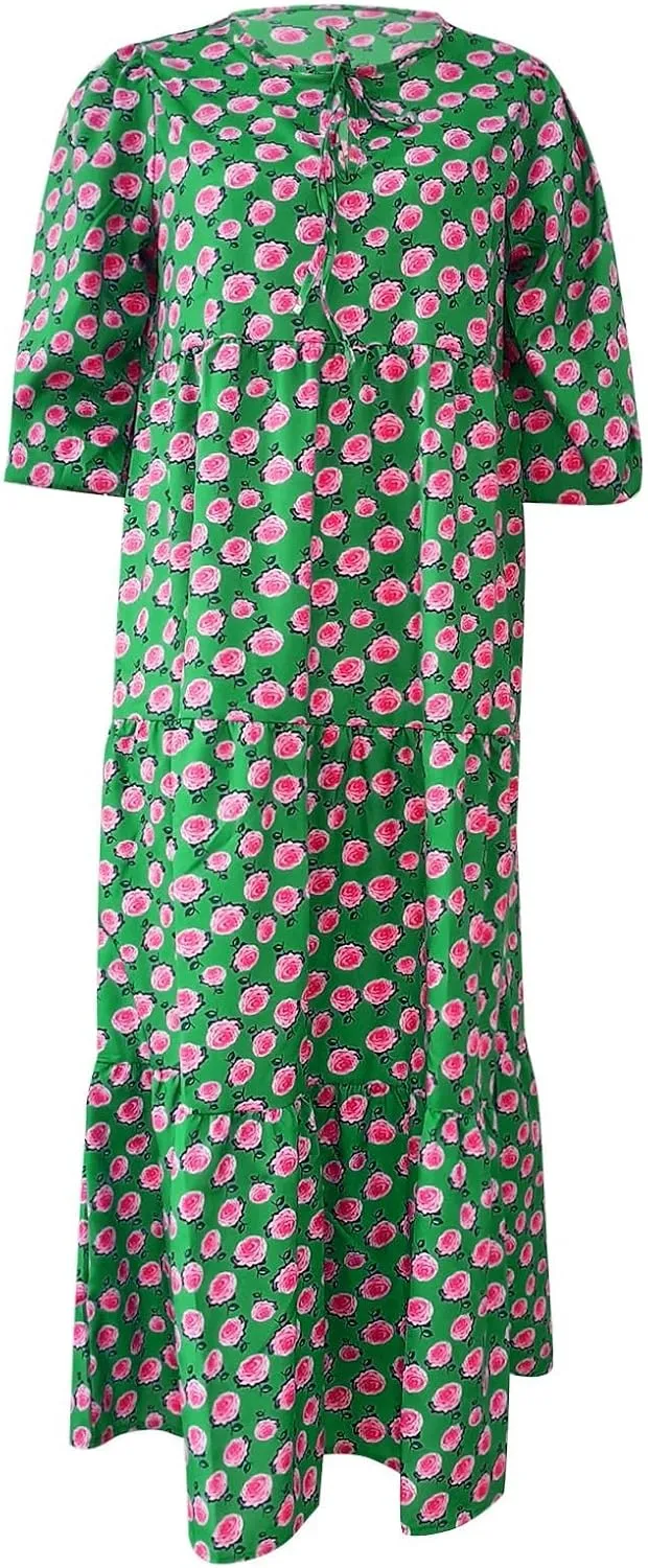 Maxi Dresses for Women 2025 Summer Casual Loose Fit Long Bohemian Dress Geometric Half Sleeve Tiered Flowy Maxi Dresses