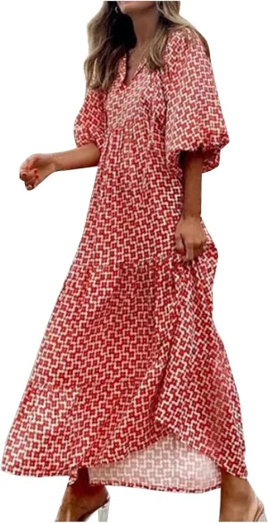 Maxi Dresses for Women 2025 Summer Casual Loose Fit Long Bohemian Dress Geometric Half Sleeve Tiered Flowy Maxi Dresses