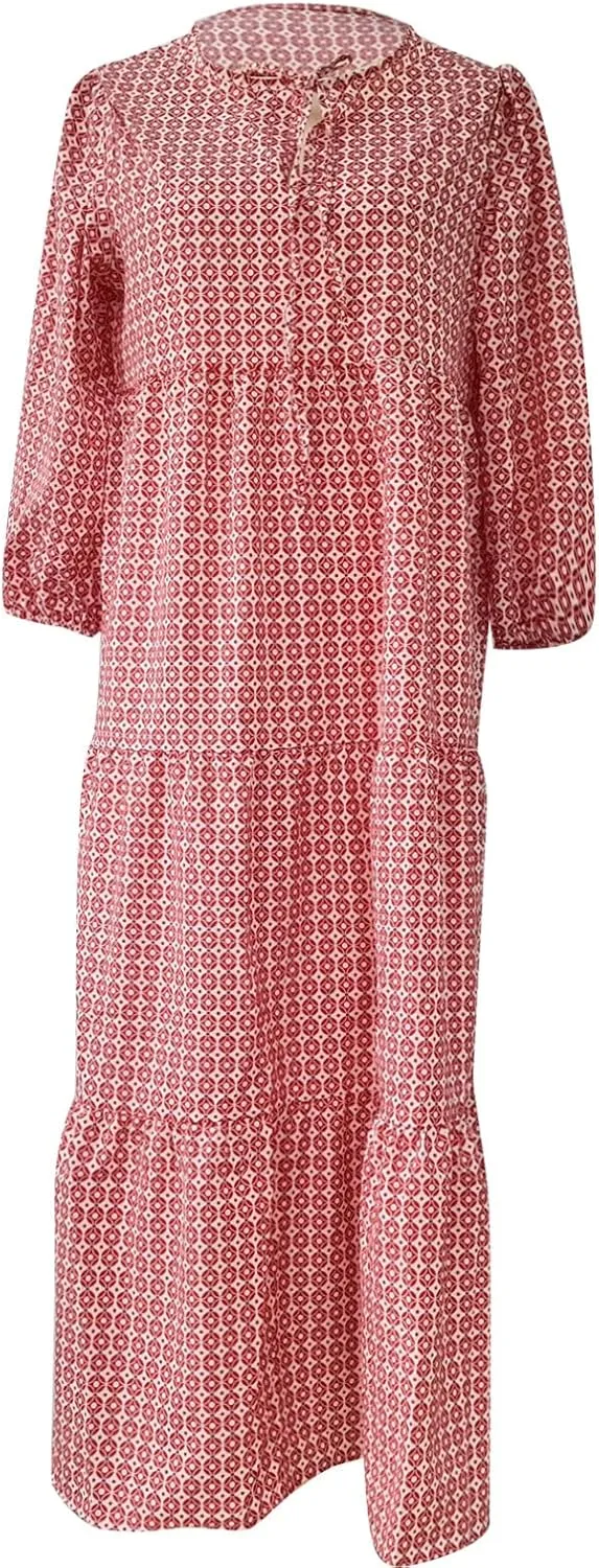 Maxi Dresses for Women 2025 Summer Casual Loose Fit Long Bohemian Dress Geometric Half Sleeve Tiered Flowy Maxi Dresses