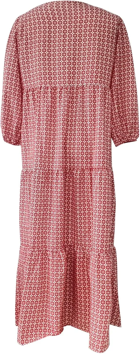 Maxi Dresses for Women 2025 Summer Casual Loose Fit Long Bohemian Dress Geometric Half Sleeve Tiered Flowy Maxi Dresses