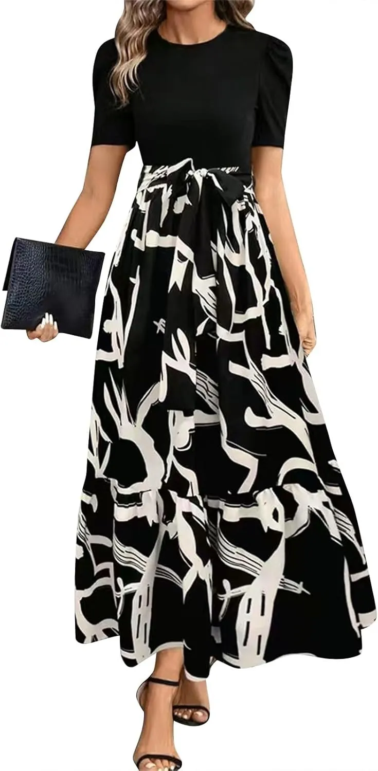 Maxi Dresses for Women 2025 Summer Tie Empire Waist Teacher Dress Casual Elegant Patchwork Flowy Ruffle Floral Dress