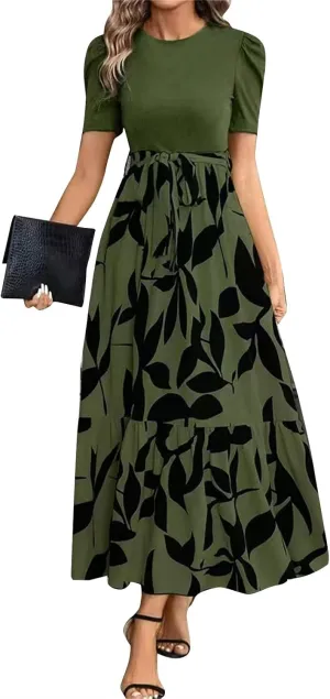 Maxi Dresses for Women 2025 Summer Tie Empire Waist Teacher Dress Casual Elegant Patchwork Flowy Ruffle Floral Dress
