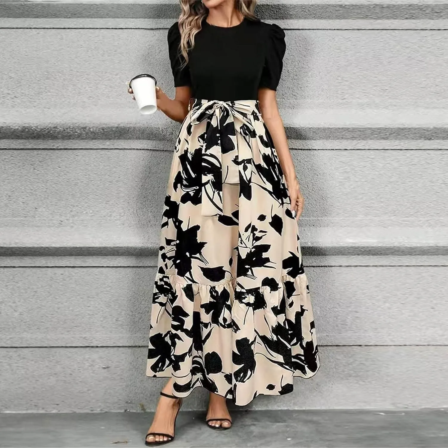 Maxi Dresses for Women 2025 Summer Tie Empire Waist Teacher Dress Casual Elegant Patchwork Flowy Ruffle Floral Dress