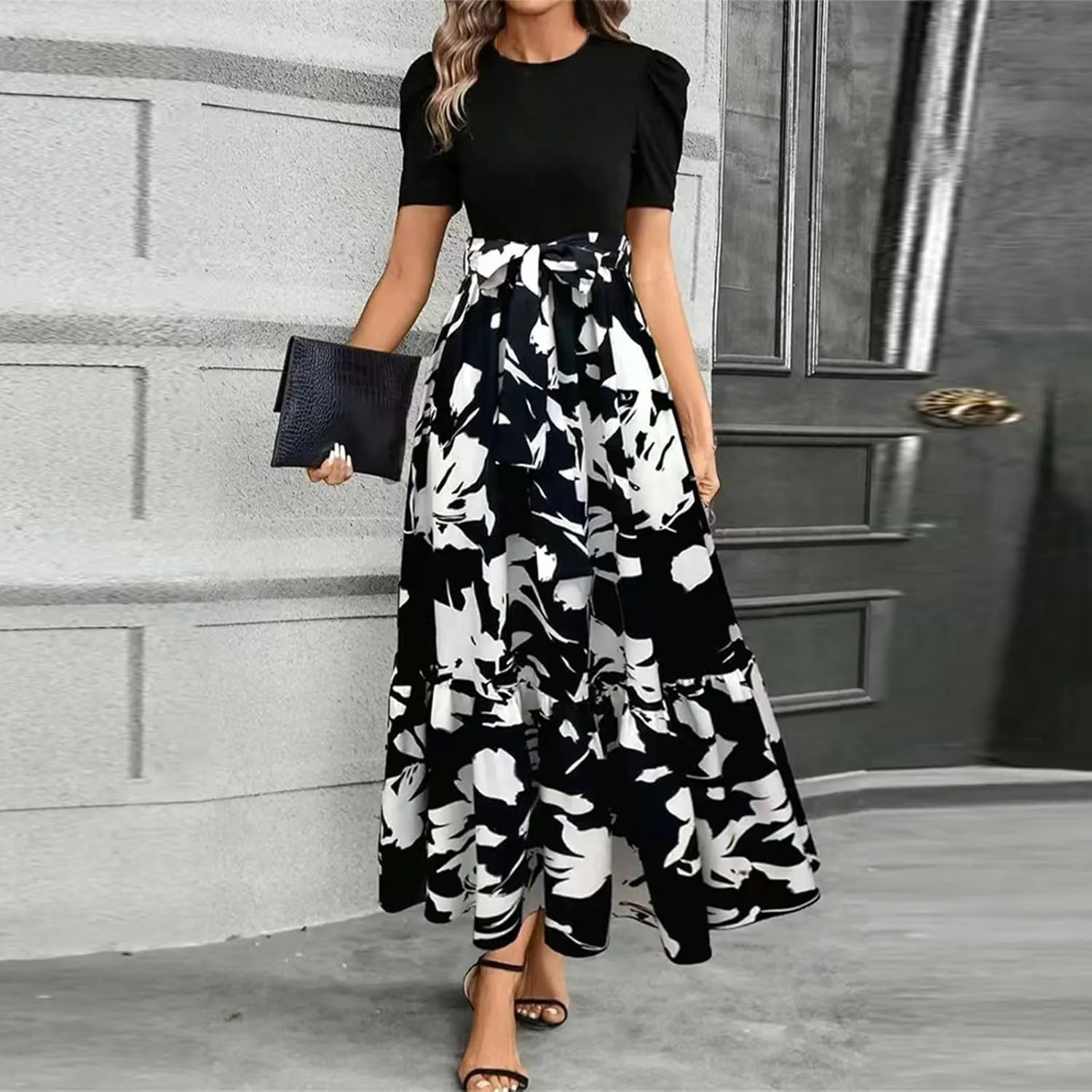 Maxi Dresses for Women 2025 Summer Tie Empire Waist Teacher Dress Casual Elegant Patchwork Flowy Ruffle Floral Dress