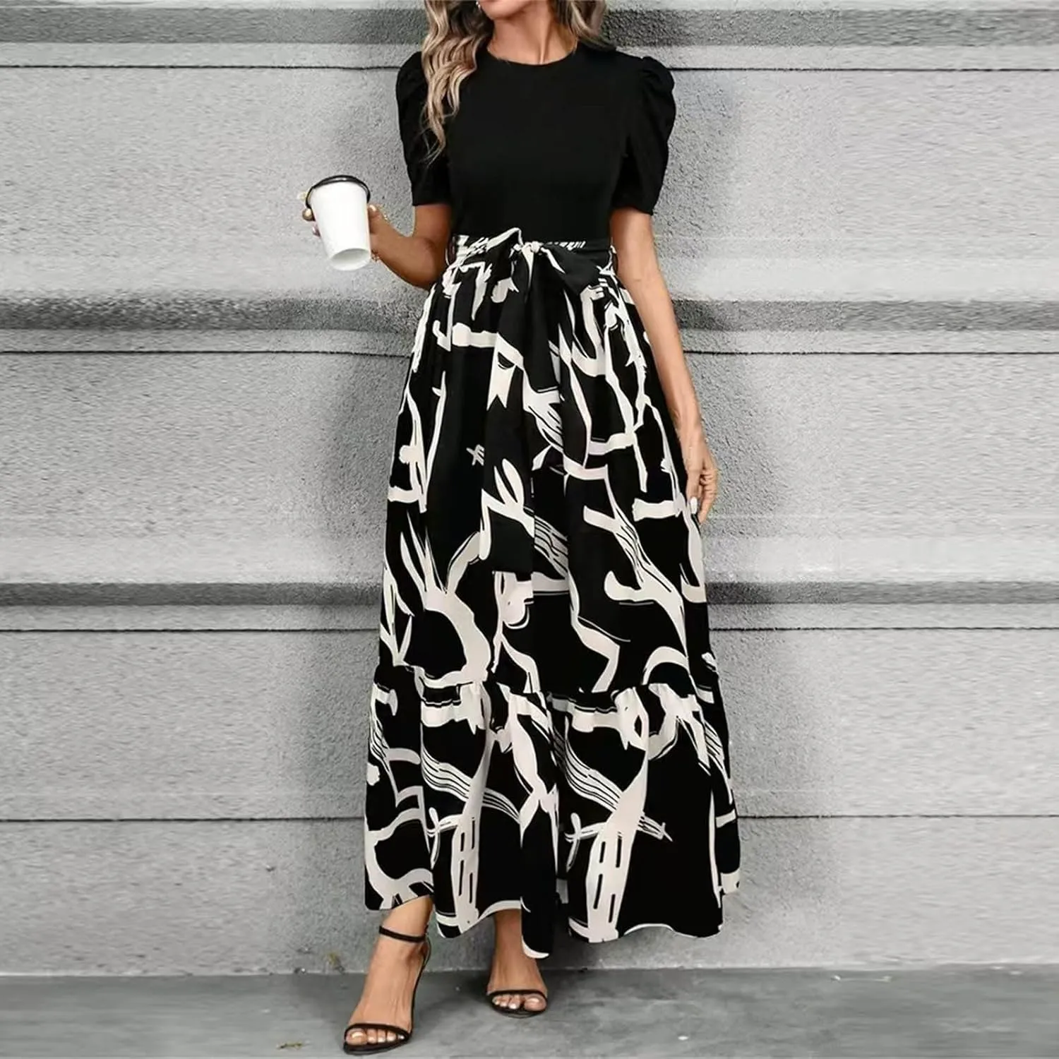 Maxi Dresses for Women 2025 Summer Tie Empire Waist Teacher Dress Casual Elegant Patchwork Flowy Ruffle Floral Dress