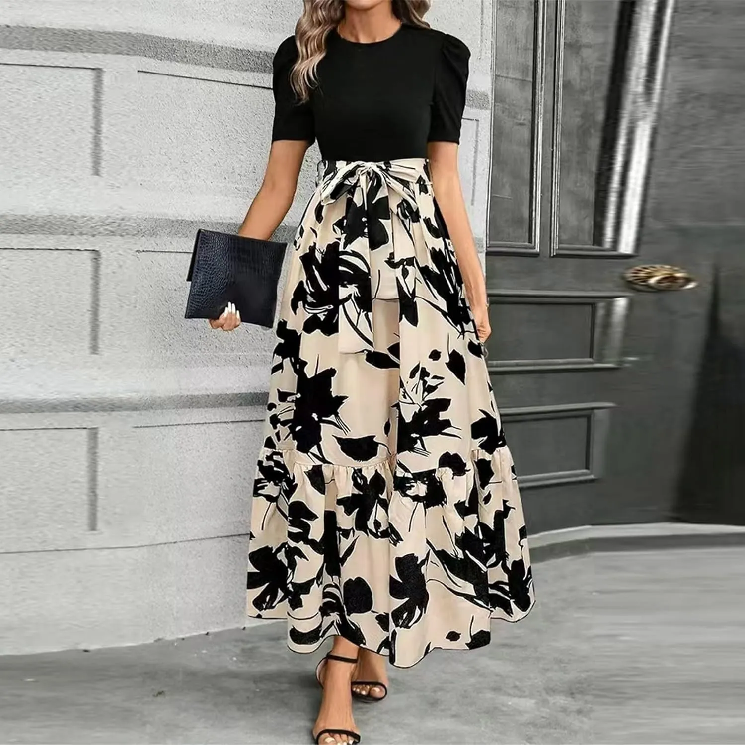 Maxi Dresses for Women 2025 Summer Tie Empire Waist Teacher Dress Casual Elegant Patchwork Flowy Ruffle Floral Dress