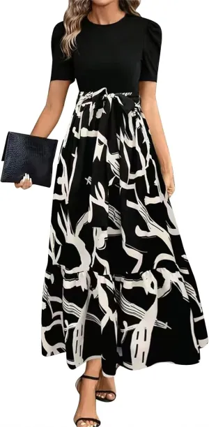 Maxi Dresses for Women 2025 Summer Tie Empire Waist Teacher Dress Casual Elegant Patchwork Flowy Ruffle Floral Dress