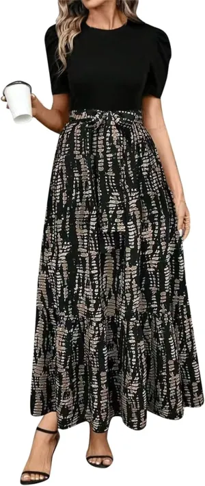 Maxi Dresses for Women 2025 Summer Tie Empire Waist Teacher Dress Casual Elegant Patchwork Flowy Ruffle Floral Dress