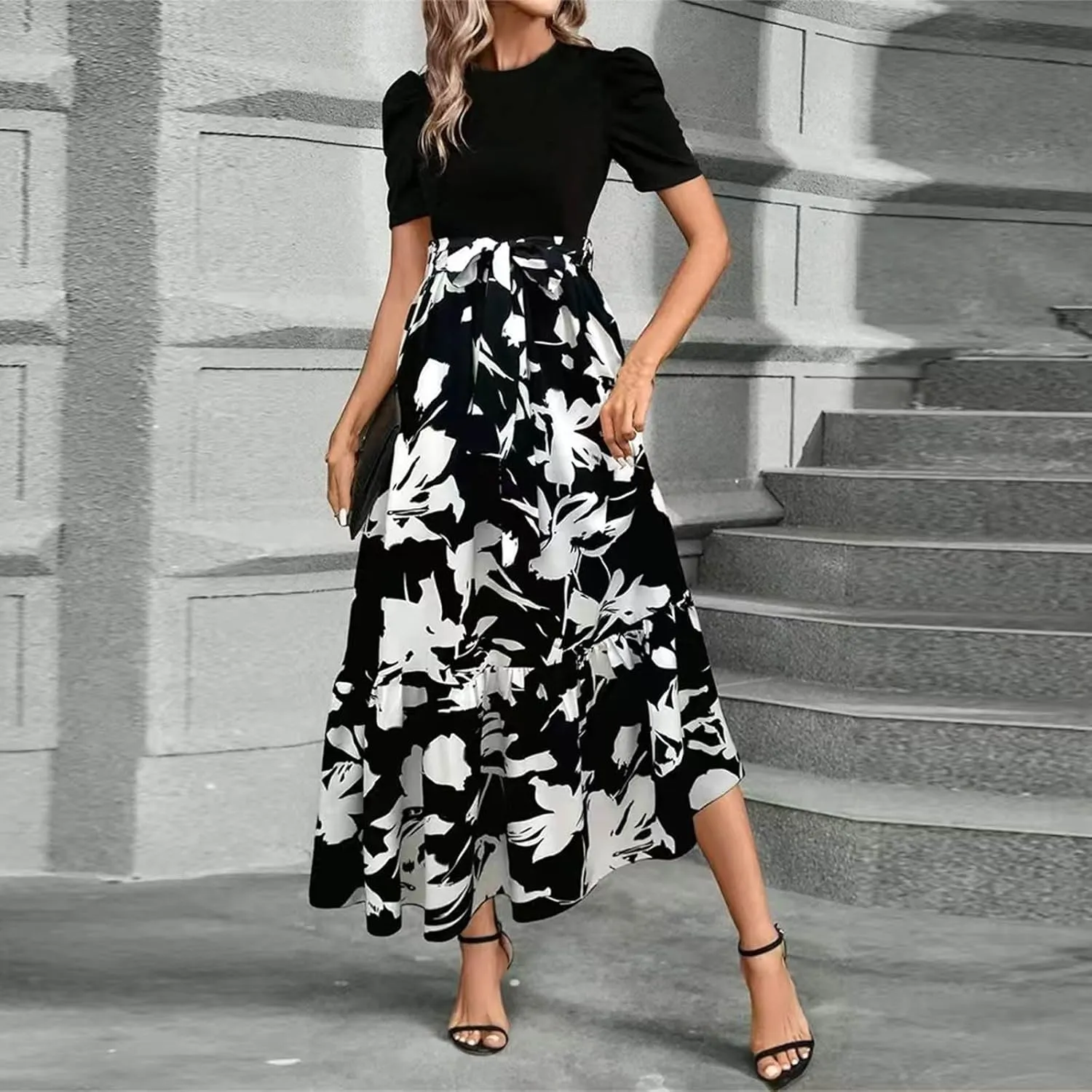 Maxi Dresses for Women 2025 Summer Tie Empire Waist Teacher Dress Casual Elegant Patchwork Flowy Ruffle Floral Dress
