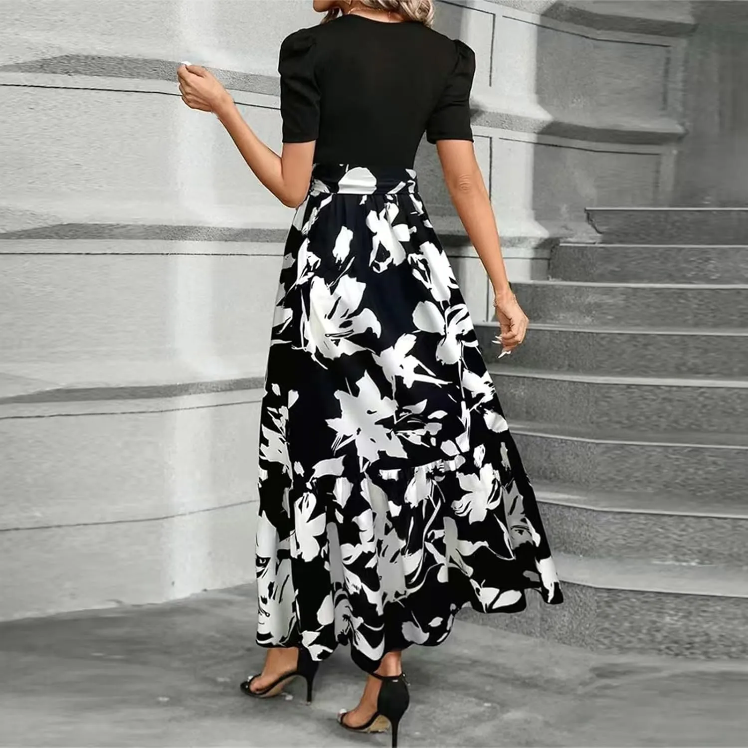 Maxi Dresses for Women 2025 Summer Tie Empire Waist Teacher Dress Casual Elegant Patchwork Flowy Ruffle Floral Dress