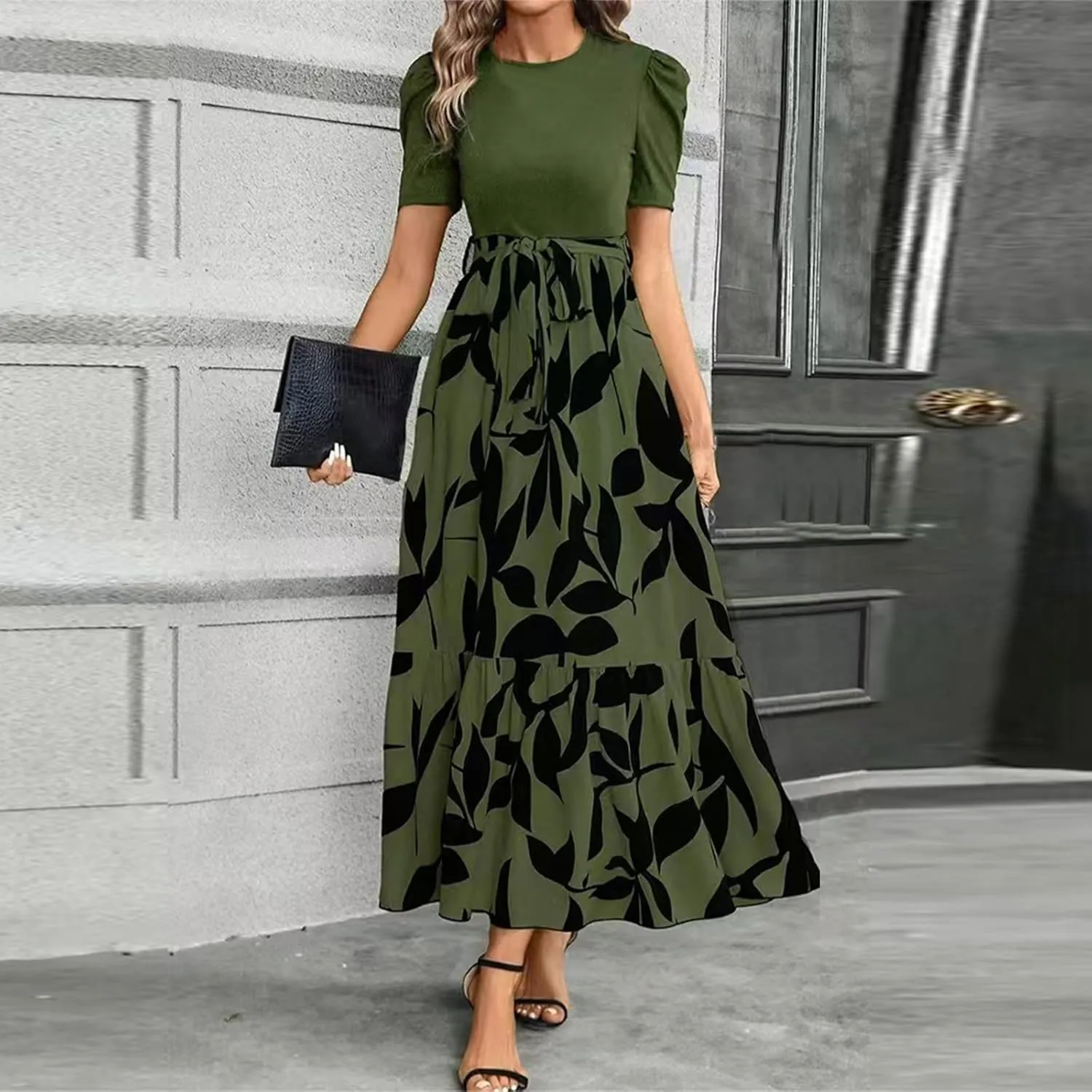 Maxi Dresses for Women 2025 Summer Tie Empire Waist Teacher Dress Casual Elegant Patchwork Flowy Ruffle Floral Dress