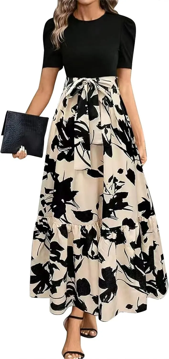 Maxi Dresses for Women 2025 Summer Tie Empire Waist Teacher Dress Casual Elegant Patchwork Flowy Ruffle Floral Dress