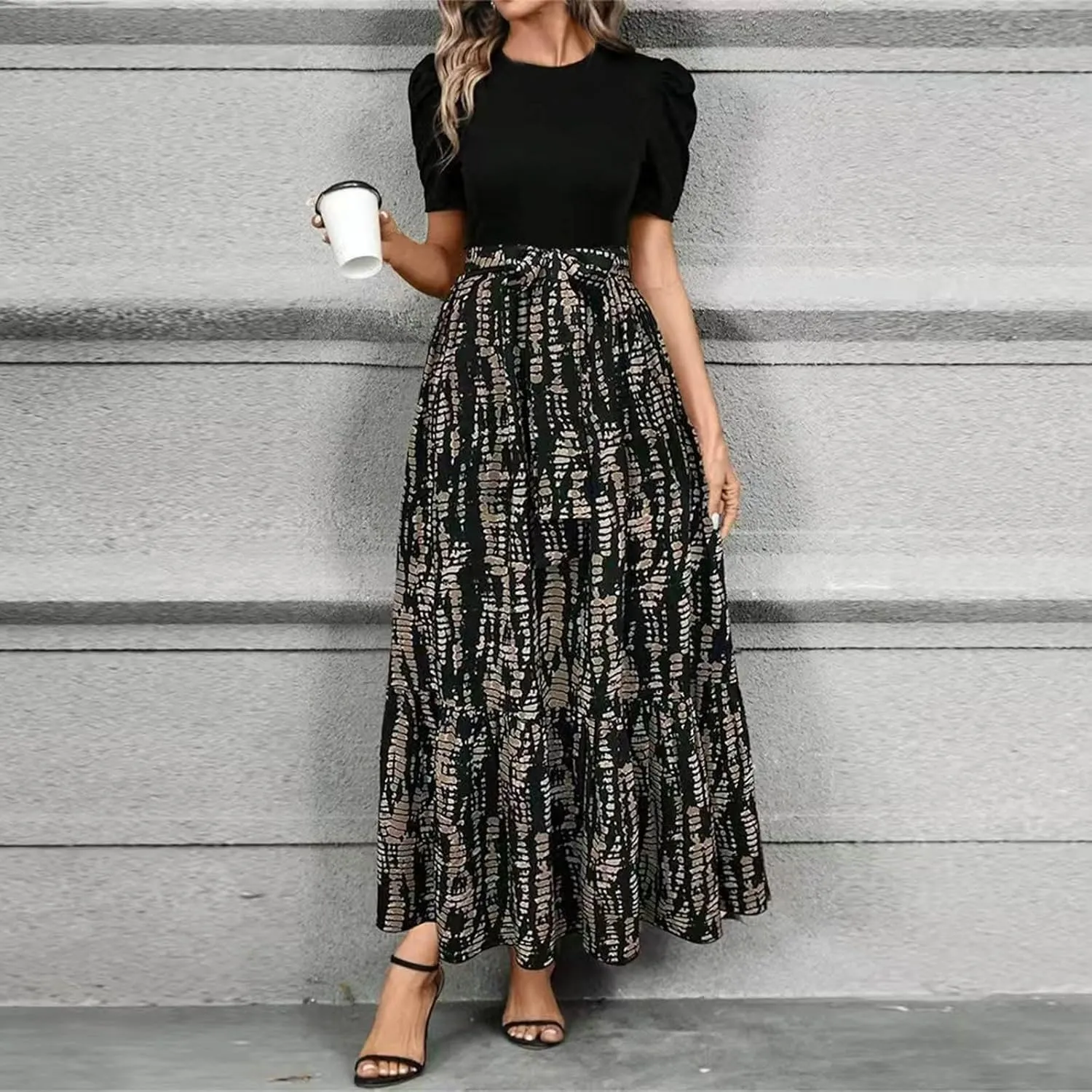 Maxi Dresses for Women 2025 Summer Tie Empire Waist Teacher Dress Casual Elegant Patchwork Flowy Ruffle Floral Dress