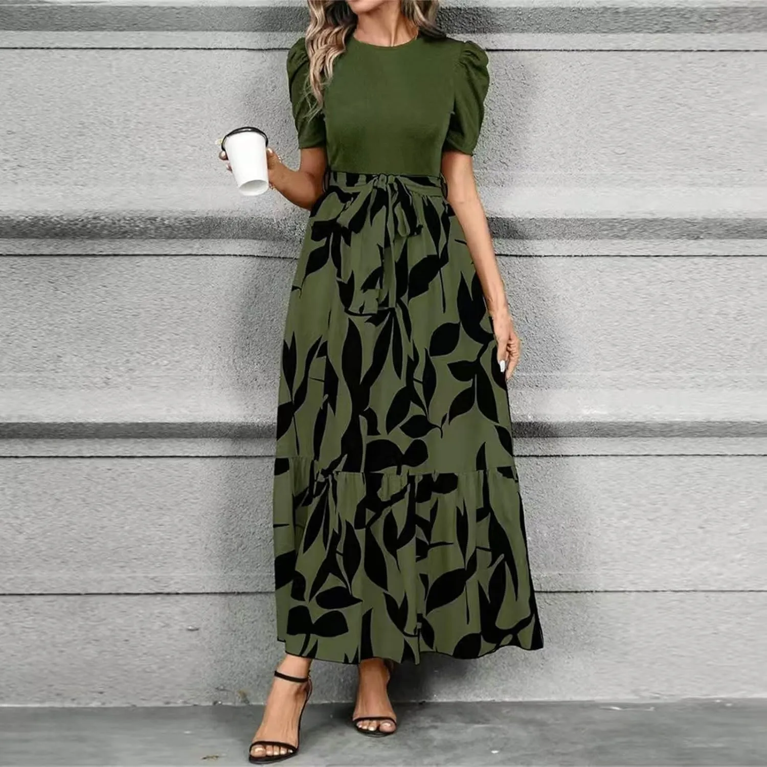 Maxi Dresses for Women 2025 Summer Tie Empire Waist Teacher Dress Casual Elegant Patchwork Flowy Ruffle Floral Dress