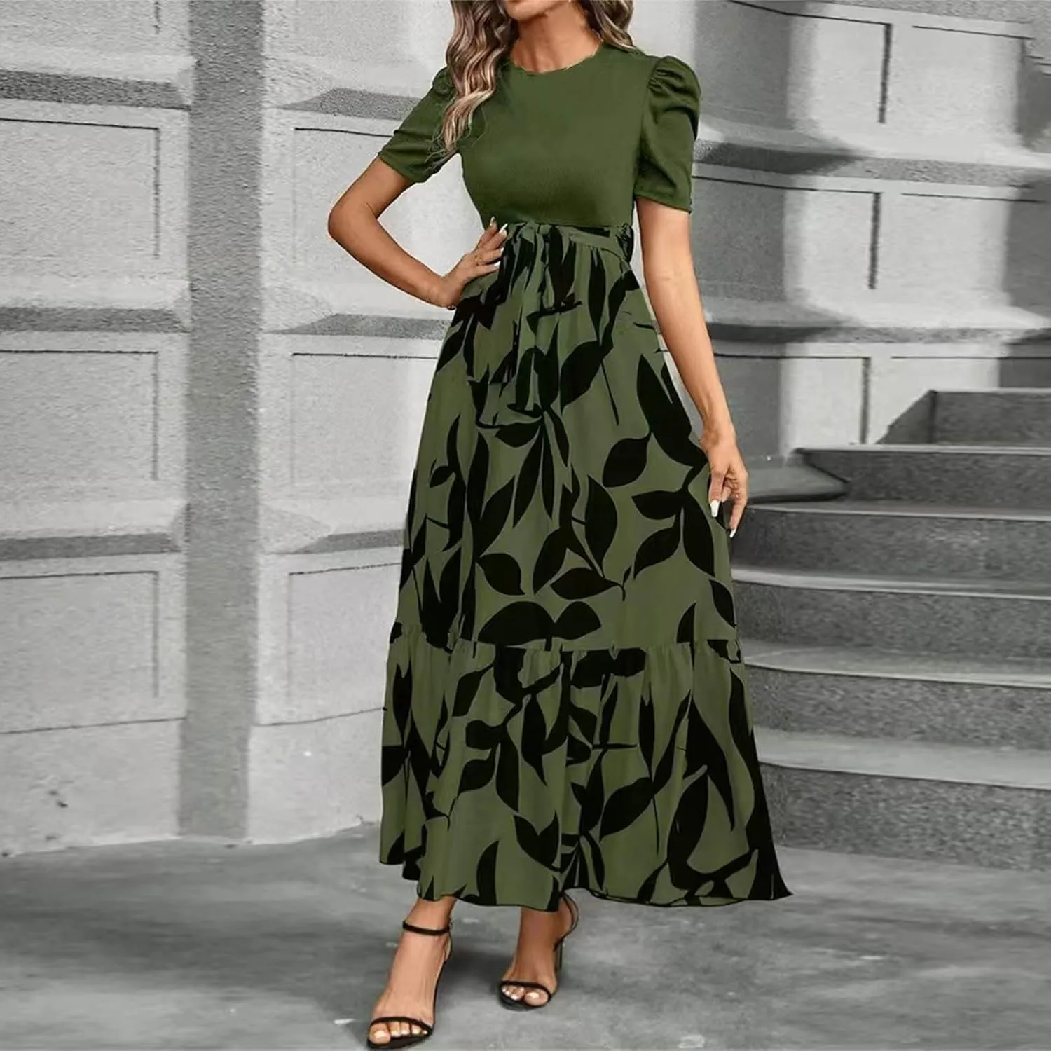 Maxi Dresses for Women 2025 Summer Tie Empire Waist Teacher Dress Casual Elegant Patchwork Flowy Ruffle Floral Dress