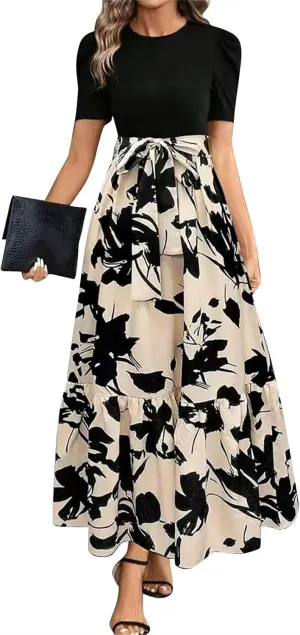 Maxi Dresses for Women 2025 Summer Tie Empire Waist Teacher Dress Casual Elegant Patchwork Flowy Ruffle Floral Dress