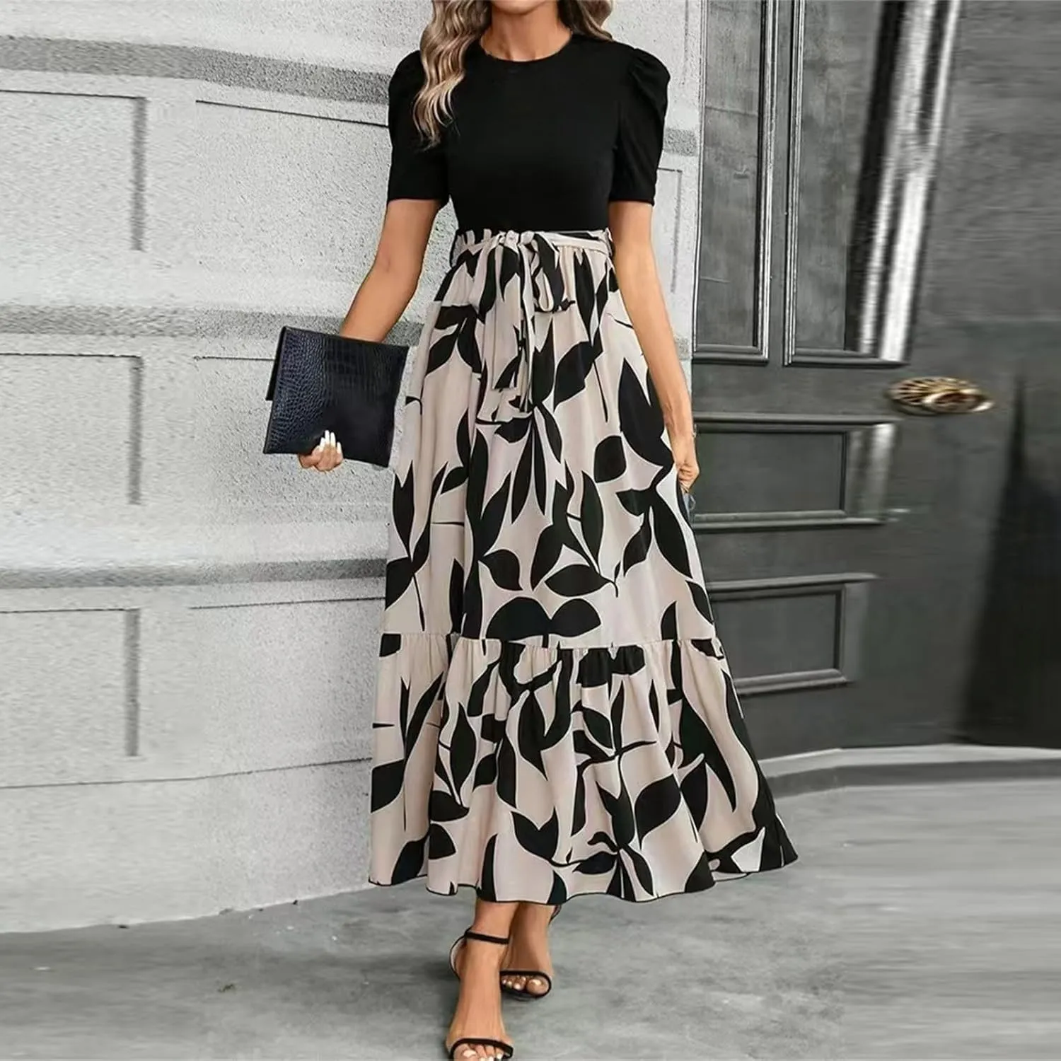 Maxi Dresses for Women 2025 Summer Tie Empire Waist Teacher Dress Casual Elegant Patchwork Flowy Ruffle Floral Dress