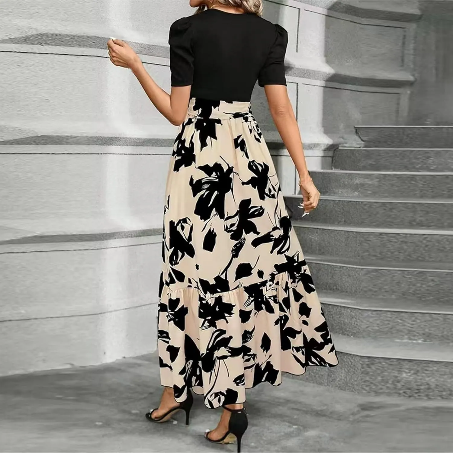 Maxi Dresses for Women 2025 Summer Tie Empire Waist Teacher Dress Casual Elegant Patchwork Flowy Ruffle Floral Dress