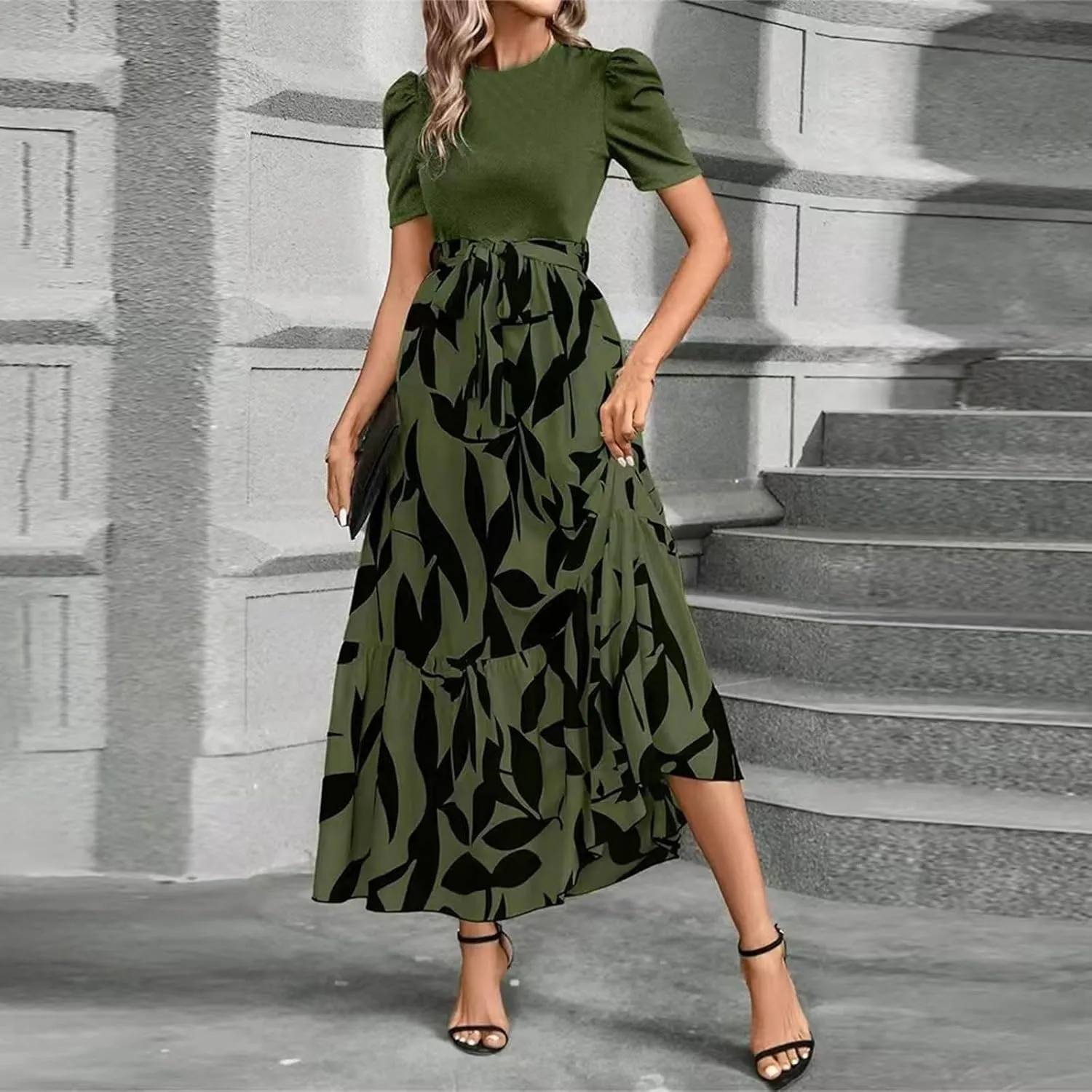 Maxi Dresses for Women 2025 Summer Tie Empire Waist Teacher Dress Casual Elegant Patchwork Flowy Ruffle Floral Dress