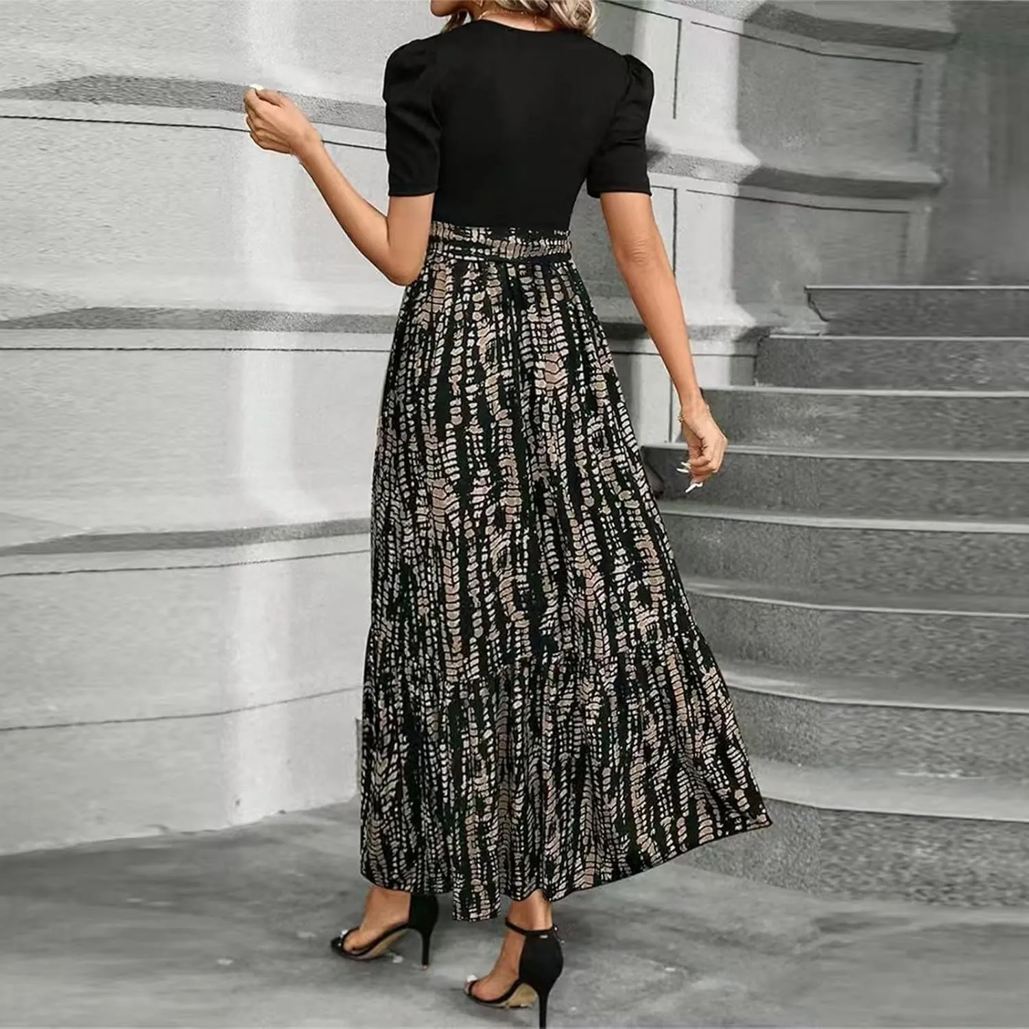 Maxi Dresses for Women 2025 Summer Tie Empire Waist Teacher Dress Casual Elegant Patchwork Flowy Ruffle Floral Dress