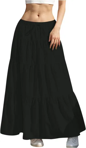 Maxi Skirts for Women Flowy Low Waist Elastic Waist Drawstring Tie-up Tiered Solid Color Casual A Line Skirt