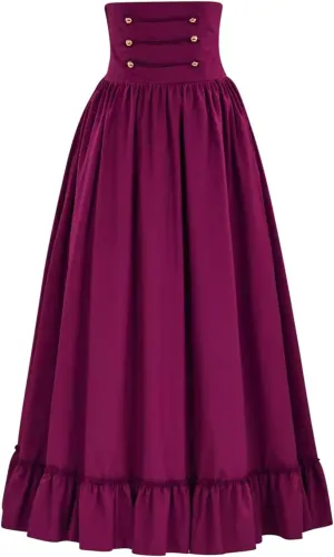 Medieval Gothic Maxi Skirt for Women High Waist Tummy Control Vintage A-Line Skirts Flowy Ruffle Hem Steampunk Skirt