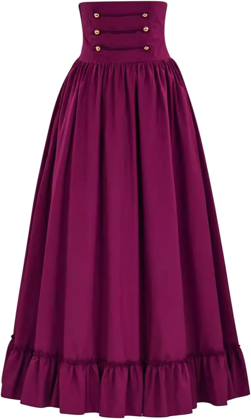 Medieval Gothic Maxi Skirt for Women High Waist Tummy Control Vintage A-Line Skirts Flowy Ruffle Hem Steampunk Skirt