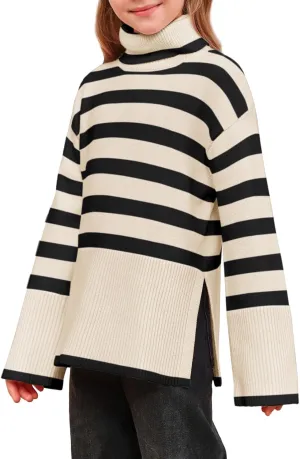 Meikulo Girls Striped Sweaters Kids Oversized Turtleneck Long Sleeve Pullover Knit Sweater Tops with Side Slit