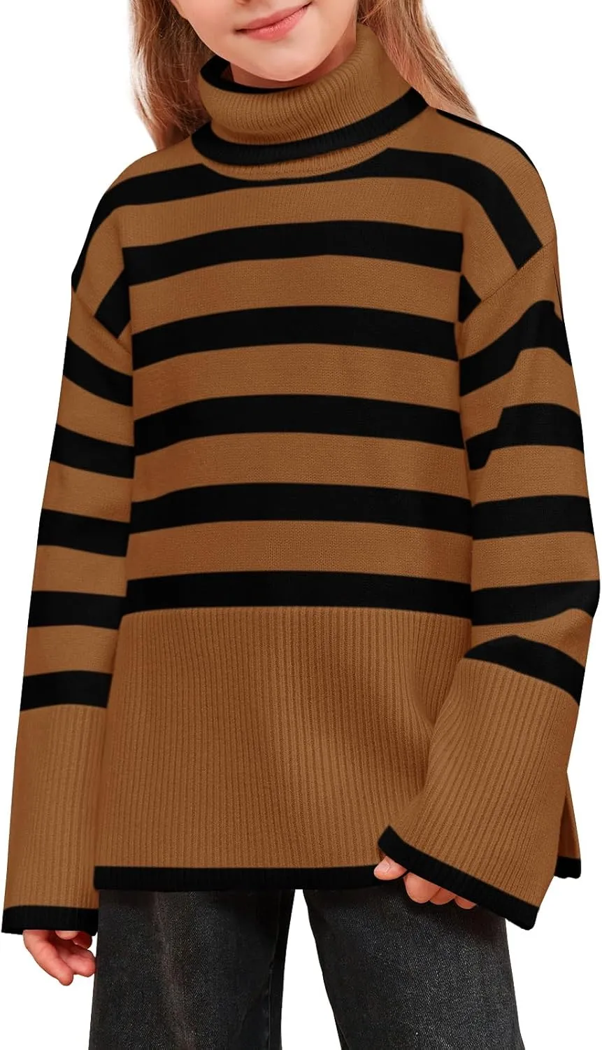 Meikulo Girls Striped Sweaters Kids Oversized Turtleneck Long Sleeve Pullover Knit Sweater Tops with Side Slit