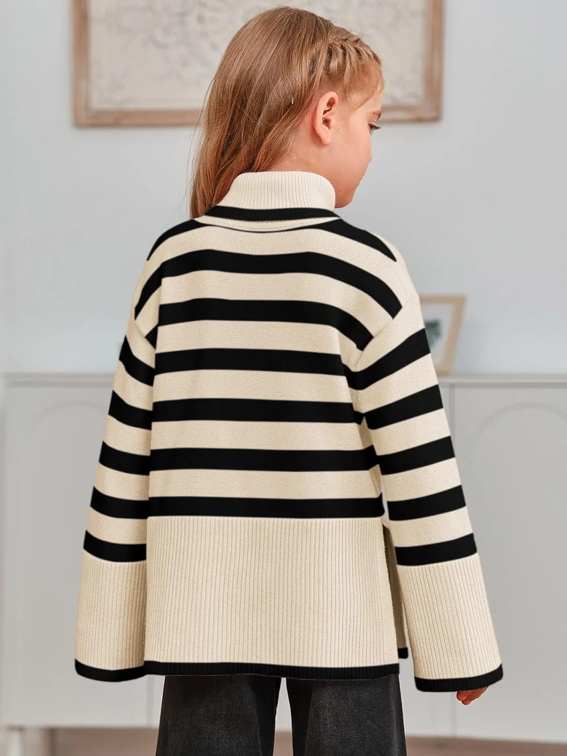 Meikulo Girls Striped Sweaters Kids Oversized Turtleneck Long Sleeve Pullover Knit Sweater Tops with Side Slit