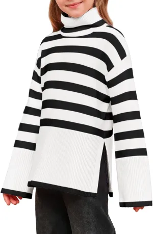 Meikulo Girls Striped Sweaters Kids Oversized Turtleneck Long Sleeve Pullover Knit Sweater Tops with Side Slit