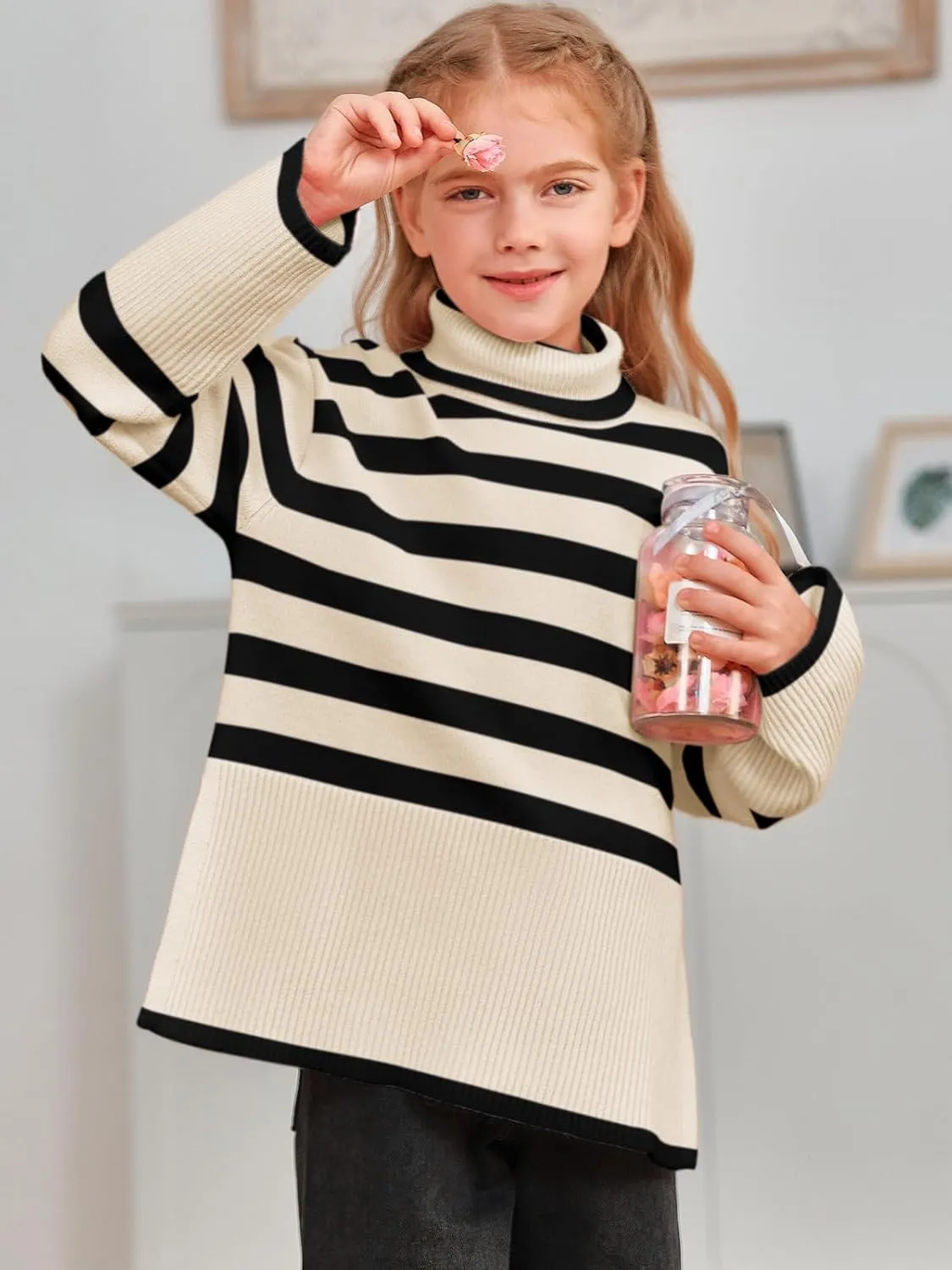 Meikulo Girls Striped Sweaters Kids Oversized Turtleneck Long Sleeve Pullover Knit Sweater Tops with Side Slit