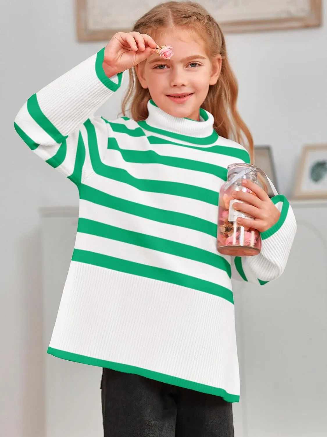 Meikulo Girls Striped Sweaters Kids Oversized Turtleneck Long Sleeve Pullover Knit Sweater Tops with Side Slit