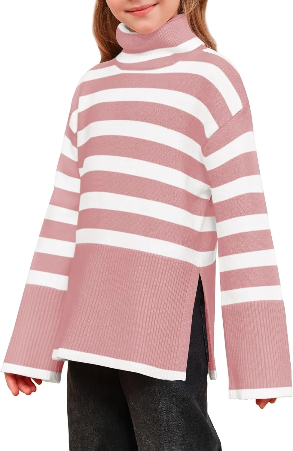 Meikulo Girls Striped Sweaters Kids Oversized Turtleneck Long Sleeve Pullover Knit Sweater Tops with Side Slit